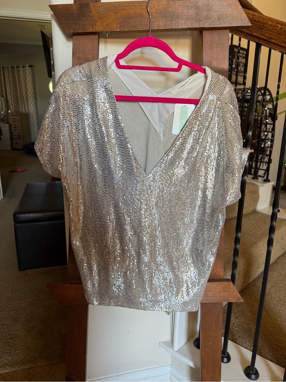 Silver Sequin V-Neck Short Sleeve Women's Blouse